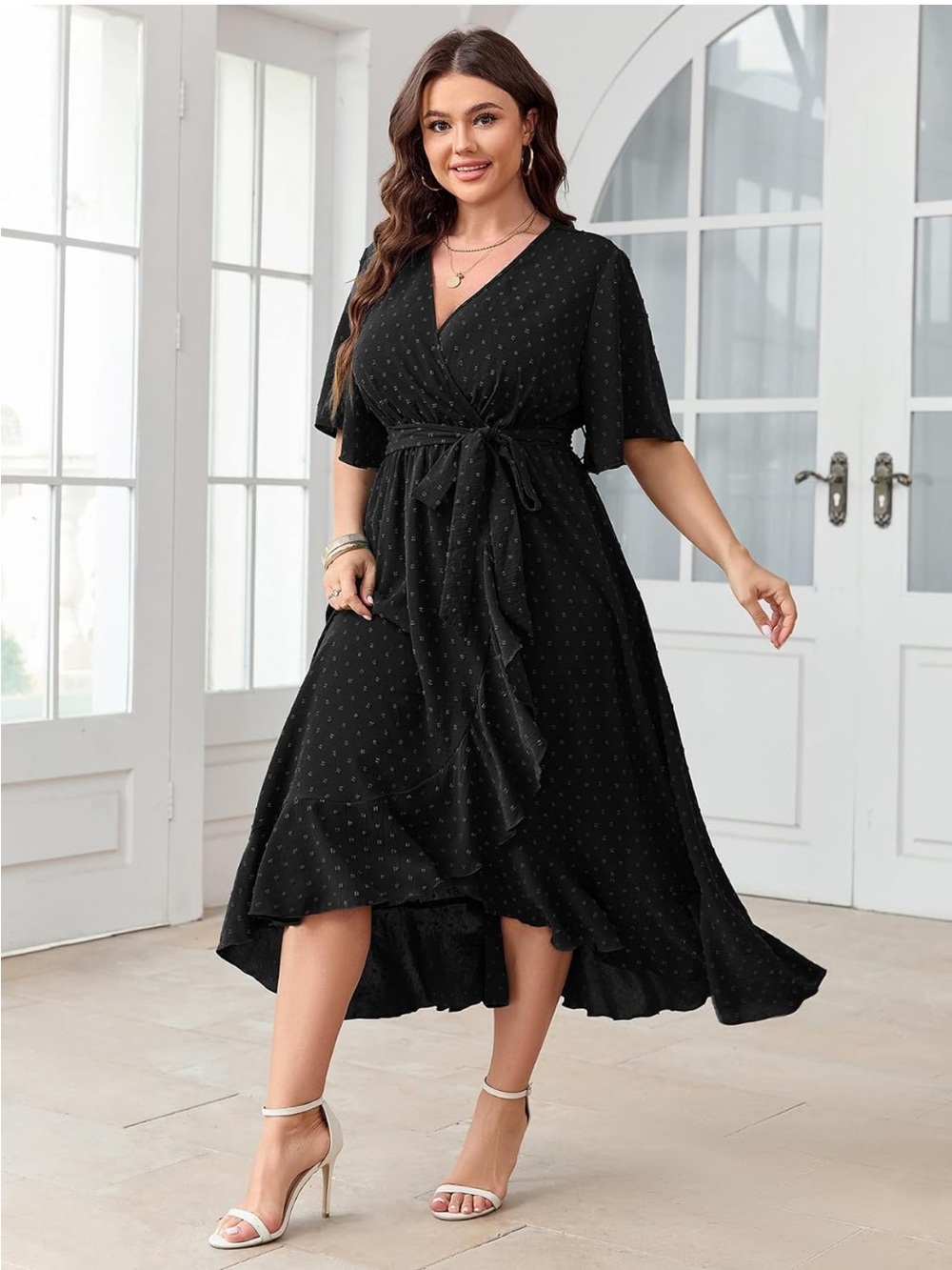 SCOMCHIC Plus Size 4XL Black Swiss Dot Wrap High Low Maxi Dress